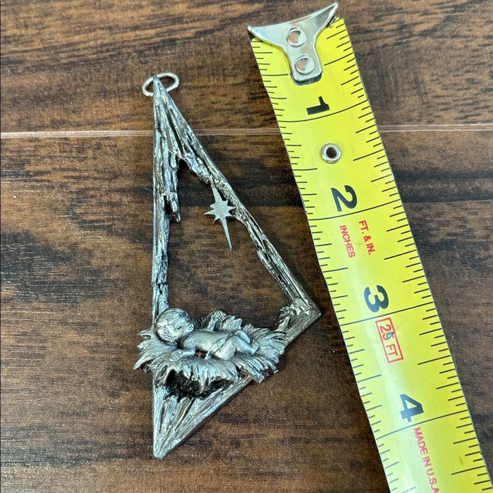 Vintage Pewter Manger Christmas Ornament, OS